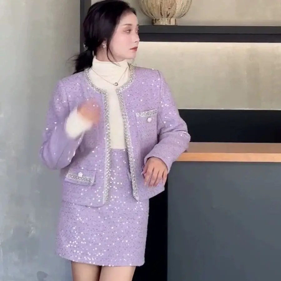 Luxury Purple Sequined Blazers Coat Autumn OL Beading Suit Jacket Rhinestones Cardigan Tops + Half A-Line Sequins Skirt 2pcs Set