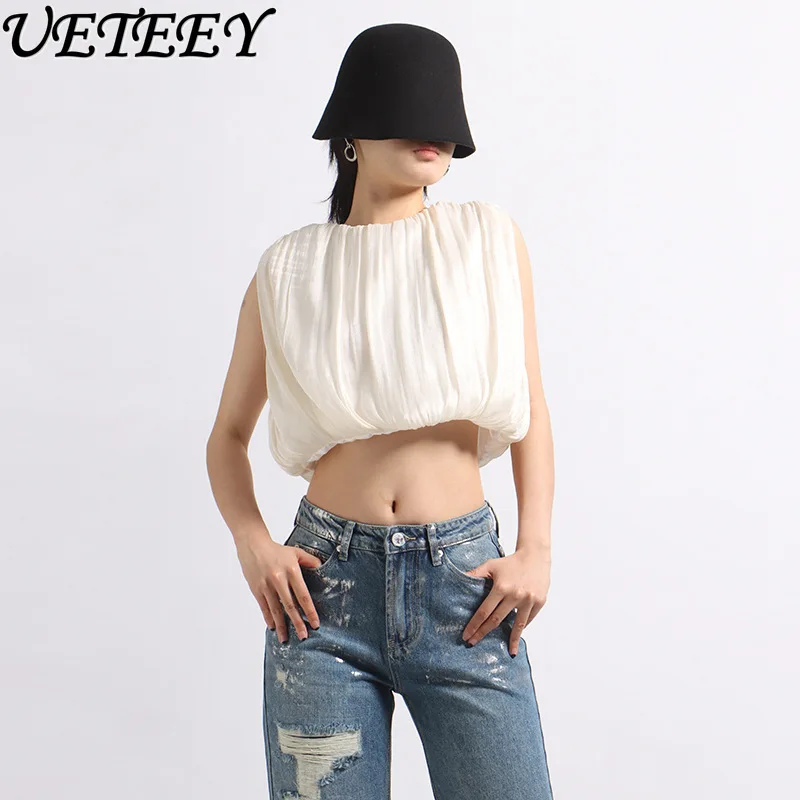 

Summer New Fashion Short Slim Sleeveless Tops Ladies Elegant Versatile Round Neck Blouse Solid Color Loose Shirt for Women