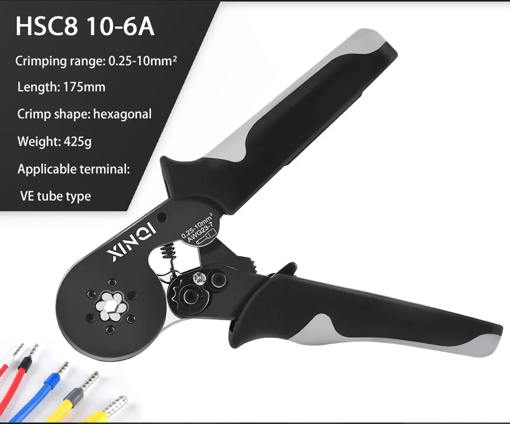Kit de herramientas de prensado de virola de trinquete autoajustable Hexagonal 23-7AWG 0,25-10 mm2 Kit de prensado con manguitos de virola terminales de cable