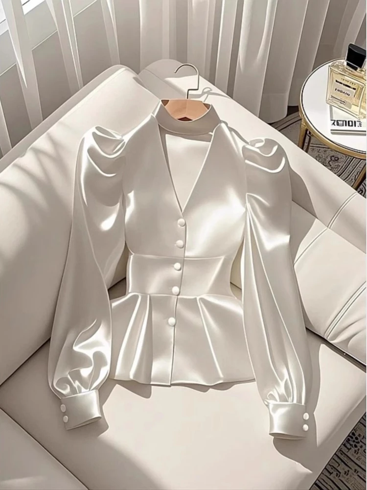 

French Elegant Top Women's Shirts Luxury Waist Cinched White Satin Long Sleeve Shirt For lady Temperament Female Elegant Blouses