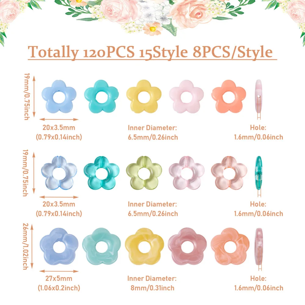 120Pcs Transparent Opaque Acrylic Flower Bead Frames For DIY Earring Necklace Hairclips Jewelry Making Accessories Mixed Color