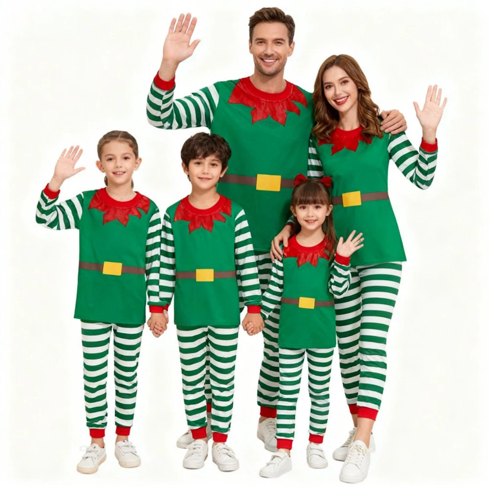 Green Santa Claus Cosplay Family Look Clothes Striped Christmas Family Matching Pajama Sets Father Mother Kids Couples Pyjamas