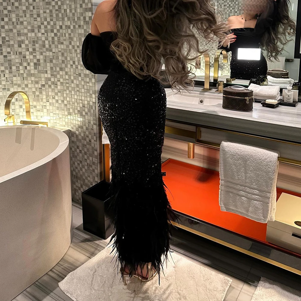Abito da sera squisito personalizzato con piume di paillettes alla caviglia, maniche staccabili senza spalline, grazioso abito da festa dritto