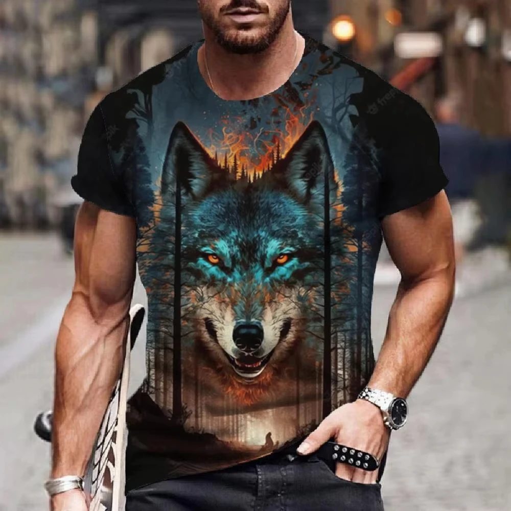 Vintage T Shirt For Men Wolf Animal Print Short Sleeve Top 3D Casual Street Men's T-shirt Oversized Tee Shirt Oversized Clothing