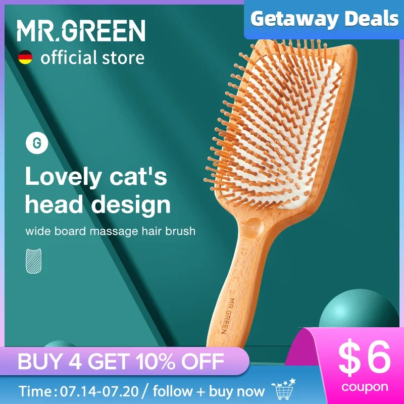 MR.GREEN Hair Brush Wide Board Massage Natural Beech Cat's Head Design Comb Gasbag Hairbrush For Dry Wet Hair Detangler Women