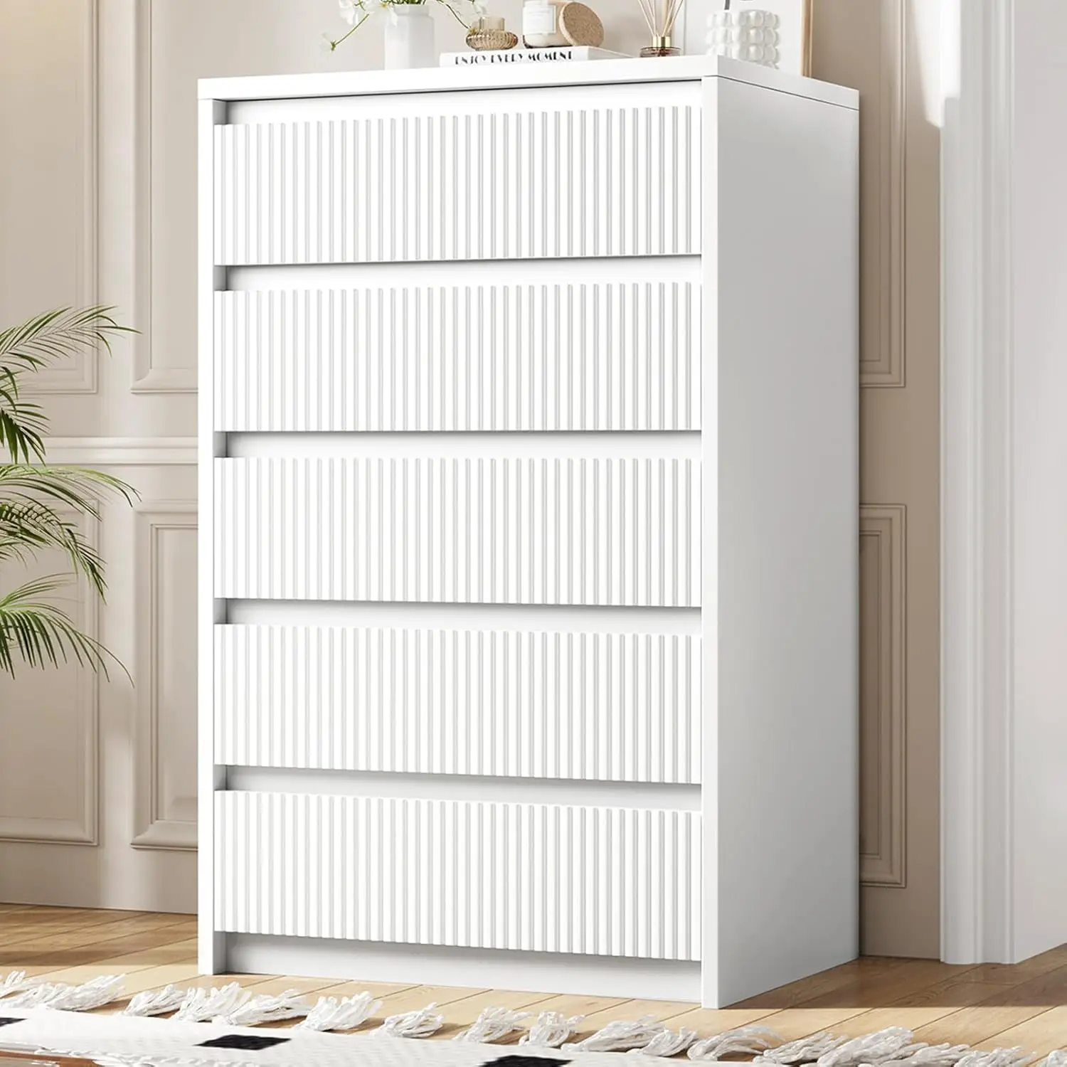 WhiteDresser 5 Drawer Dresser for Bedroom, Modern Fluted Dresserwith Deep Drawersand Mirror, Wooden DresserChest of Drawers