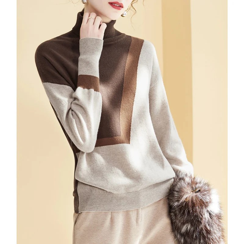 

High-End Faion Geometric Color Blo High Ne Knitted Wool Base irt Casual Loose Fit All Season Women's Camere Sweater