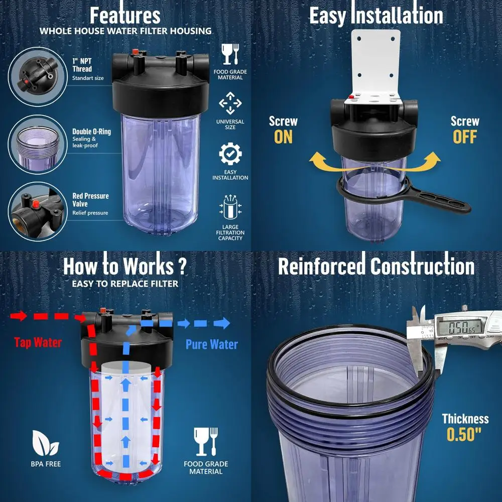 

Система фильтрации воды для всего дома 10x4.5 для скважинной или городской воды, с функцией сброса давления, 1 латунный порт NPT, двойное уплотнительное кольцо, сертифицировано NSF (Transp)