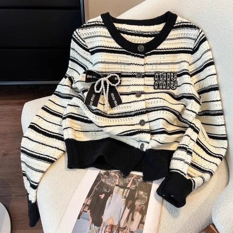 

Women Red Stripes Sweater Cardigan Spring Small Style Bow Short Slouchy Knit Crew Neck Warm Fashion Outerwear Petite Slimming