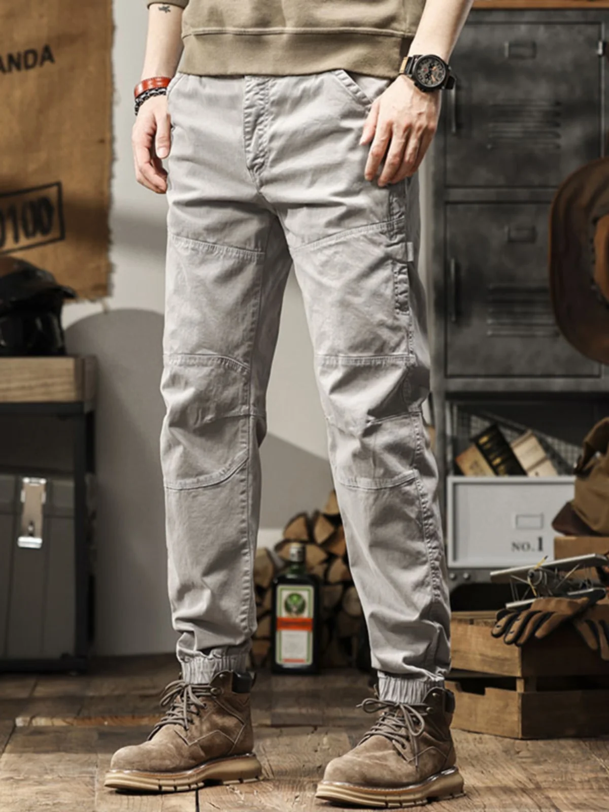 

American Retro Heavyweight Work Pants Men Spring Autumn Haome Pure Cotton Motorcycle Slim Casual Cuffed Trousers Trendy Lo...