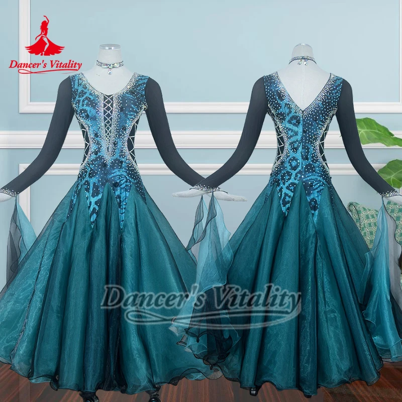 Ballroom Dance Peacock Blue Leopard Print Dresses with Necklace High-end Customize Dancer's Vitality Foxtrot Tango Waltz Clothes