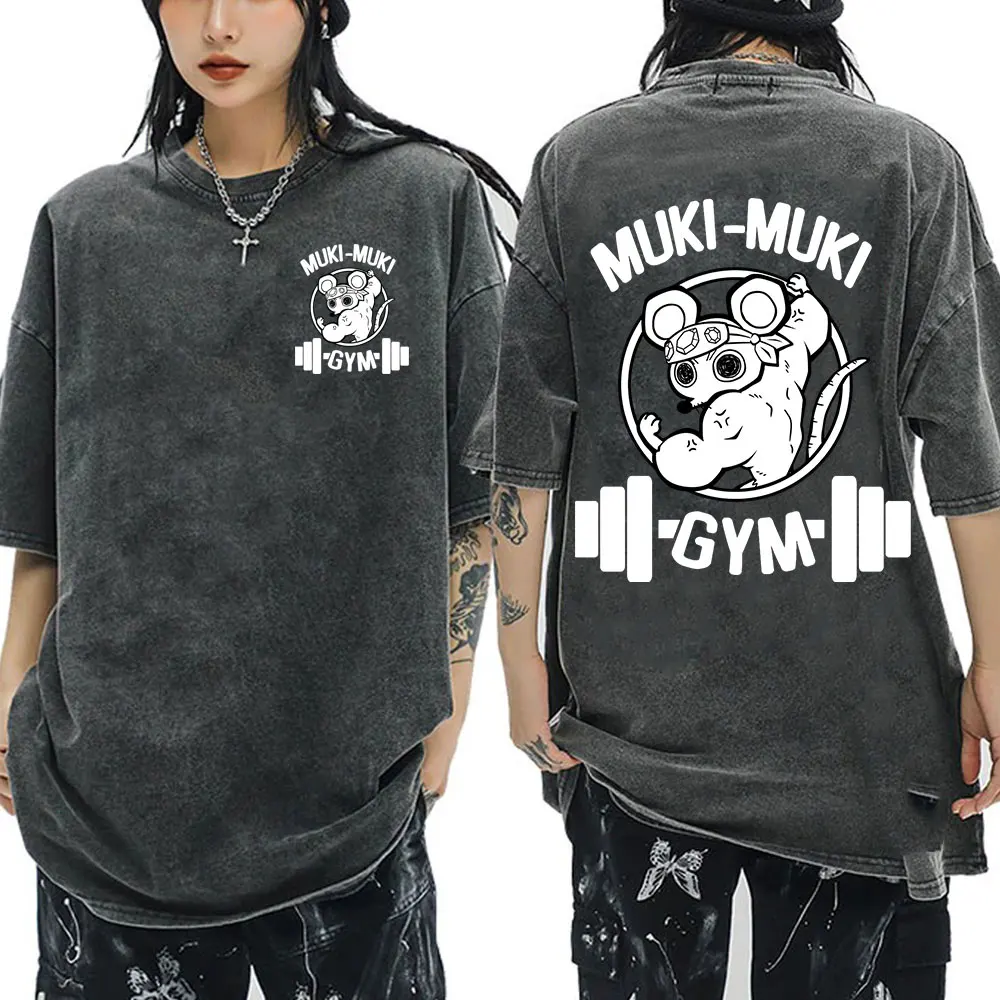 

Винтажная мытая футболка в стиле аниме Demon Slayer Uzui Tengen, забавная футболка Ninja Mice Muki Muki Gym, футболка с мускулистой мышью, большие футболки