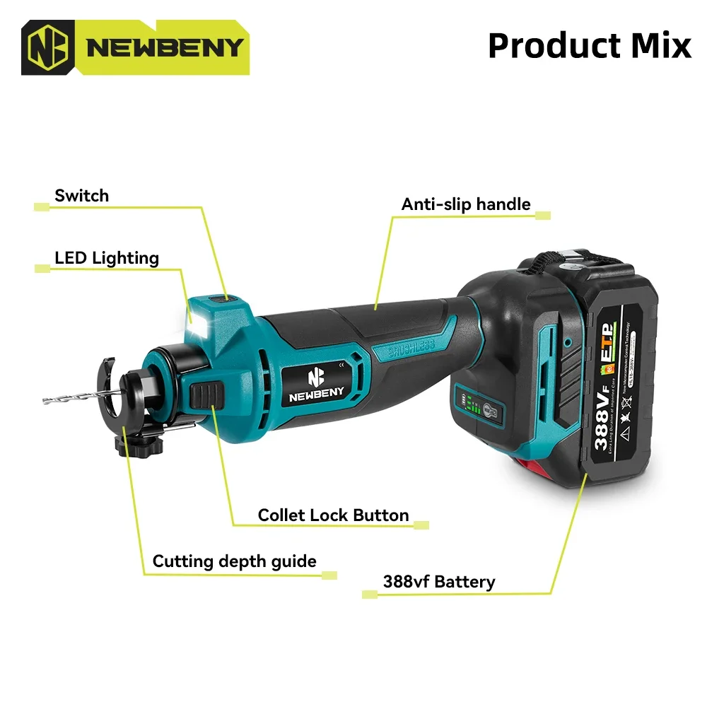 NEWBENY Bürstenloses elektrisches Trockenbau-Ausschnittwerkzeug, 3 Gänge, kabelloses Schneiden von Holz, Trockenbau, Sheetrock-Holz für Makita 18 V-21 V Akku