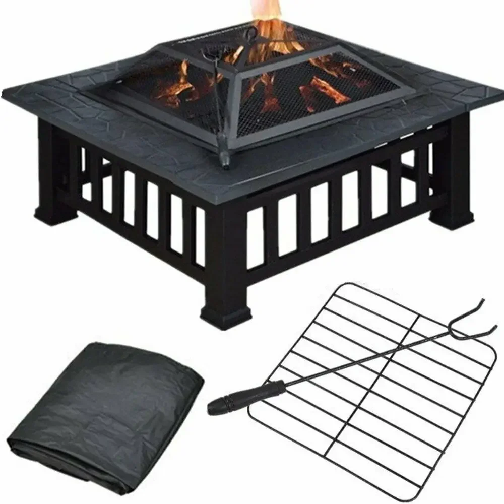 Fire Basket Garden Fireplace Including Grill (51*51cm) And Waterproof Cover For Heating/Grilling Metal Brazier 81.5x81.5x45cm