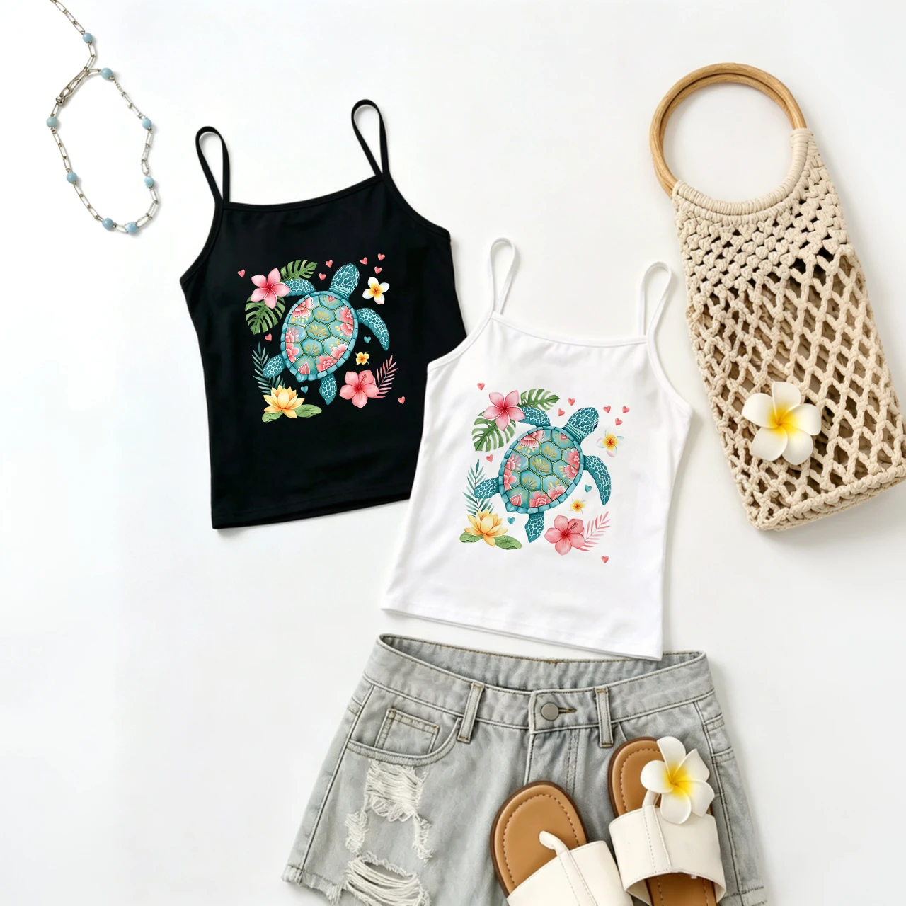 Cute Sea Turtle Print Tank Top Women Summer Floral Graphic Camisole Y2K Sleeveless Vest Casual Beach Holiday Travel Tops Gift