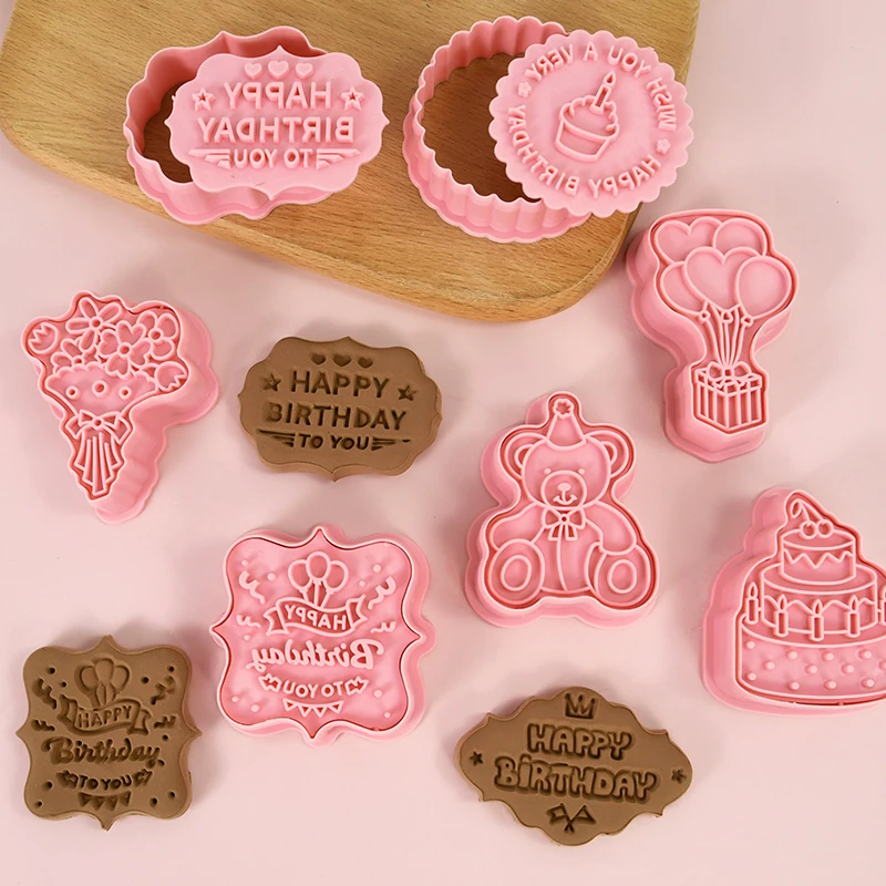 

8Pcs/set Happy Birthday Theme Cookie Cutter 3D Cartoon Bear Flower Pressable Biscuit Mold Cookie Stamp Kitchen Baking Bakeware