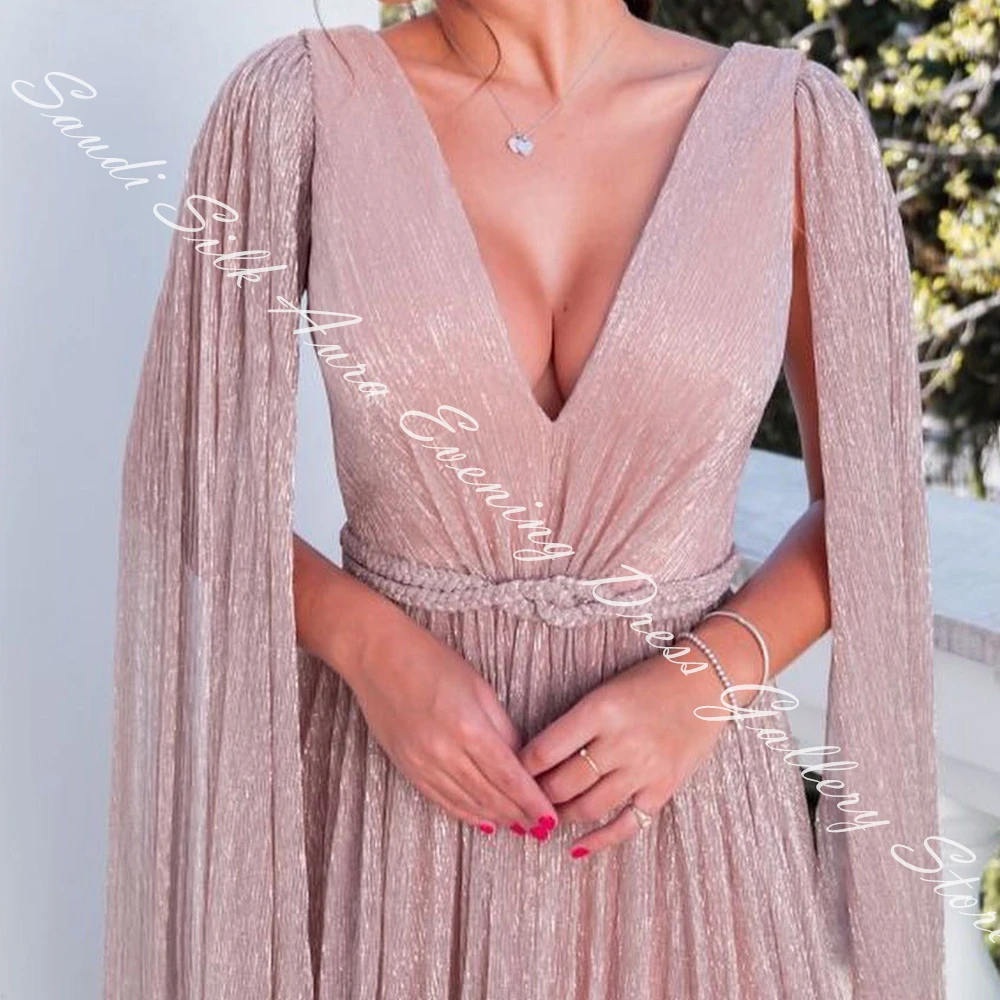 Cap Sleeve Detachable Sleeve Satin V-Neck Side Slit Straight Evening Dress Watteau Train Zipper Back Temperament Photo Color