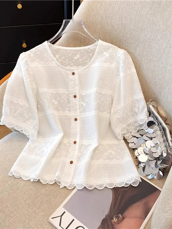 

Модный женский топ с кружевной вышивкой в стиле ретро Bubble Sve irt, лето 2023, новый корейский универсальный топ, круглый Ne ort Sve