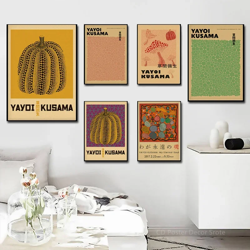 Yayoi Kusama Tentoonstelling Poster Pompoen Stippen Japanse Art Print Posters Vintage Home Room Bar Cafe Decor Esthetische Muurschildering