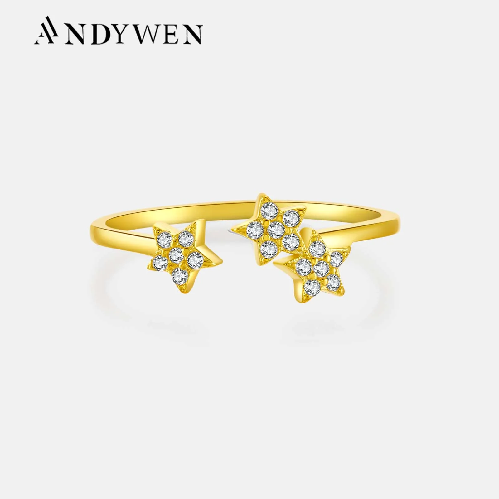 ANDYWEN 100% 925 Sterling Silver Gold Gold Starry Sky Spakle Star Resizable Rings Women Adjustable Women Luxury Jewelry Round CZ