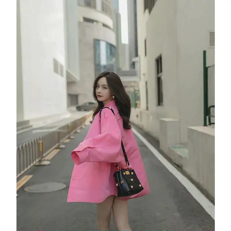 Pink Long Sleeve Loose Shirt Tops Spring New Plus Size Solid Color Simplicity Blouses Korean Style Fashion Women Clothing