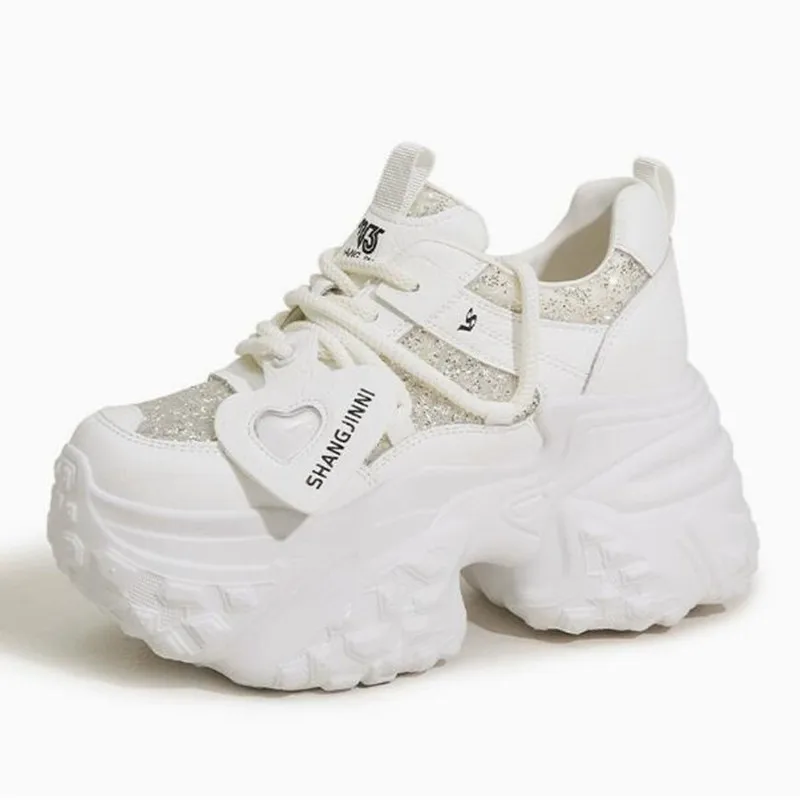 High Quality 10cm New Synthetic Genuine Leather Spring Women Comfy Vulcanize High Brand Autumn Boots Bling Chunky Sneakers Shoes