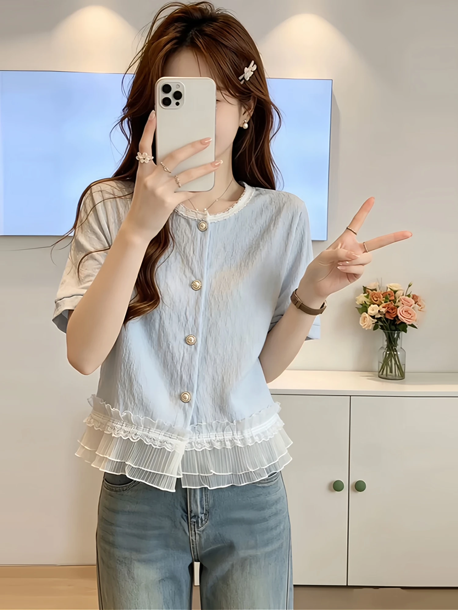 

Slimming Design Short Sleeve round Neck Single Button Comfortable Women's Shirt Casual Style Breathable Skin-Friendly Summer ...