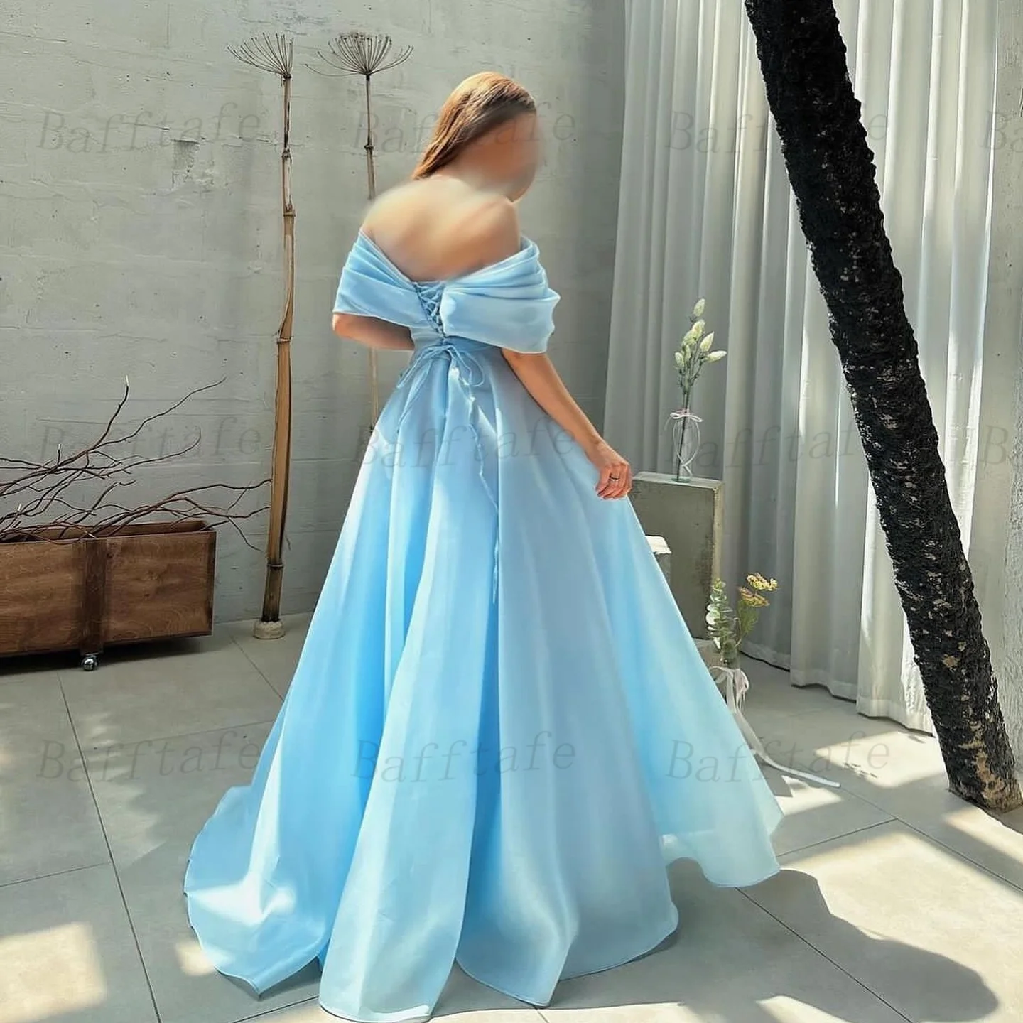 Bafftafe Customized Blue Organza Women Formal Party Dresses Off The Shoulder Pleats Corset Back Long Prom Evening Gowns