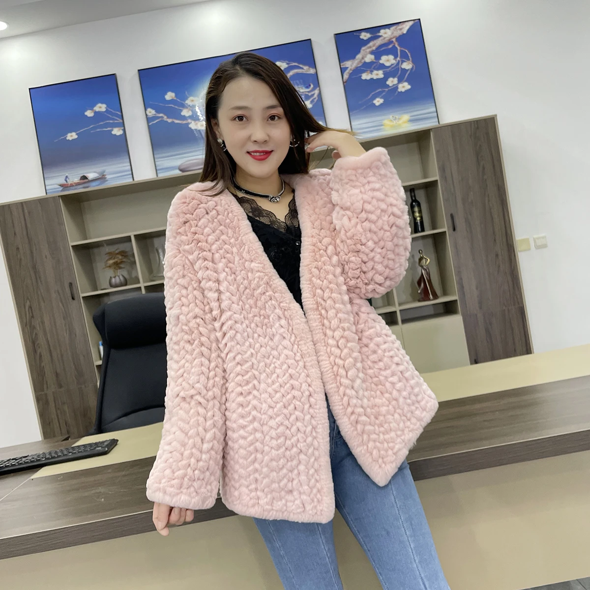 Real Natural Rex Rabbit Fur Coat Autumn Winter Fashion Luxury Knitted Fur Coat Women Double Long Sleeve New Style Streetwear