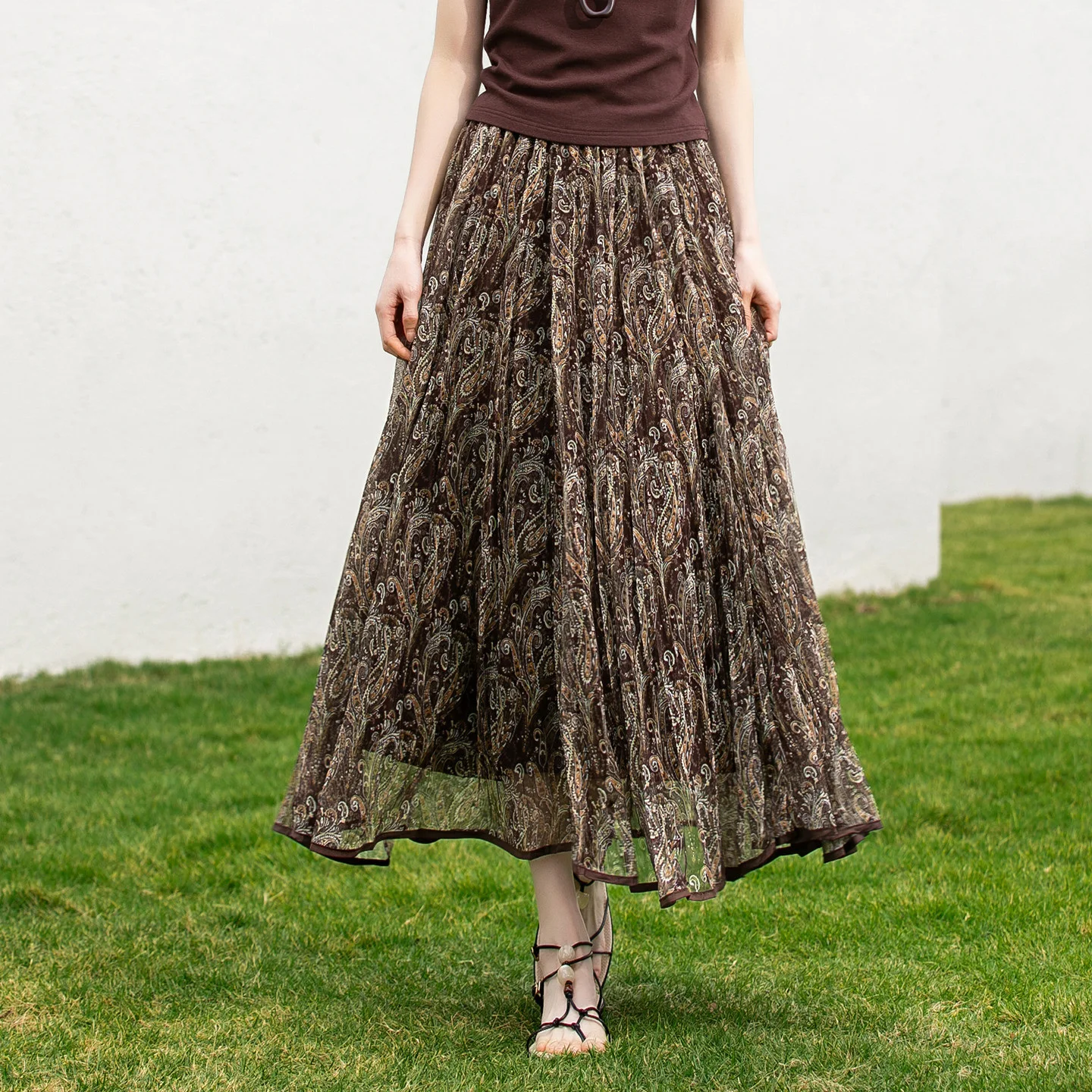 SENTUBILA Retro Long Skirt for Women 2026 High Waist Paisley Print Mesh A Line Skirt Vacation Casual Spring Clothing W61QL4968