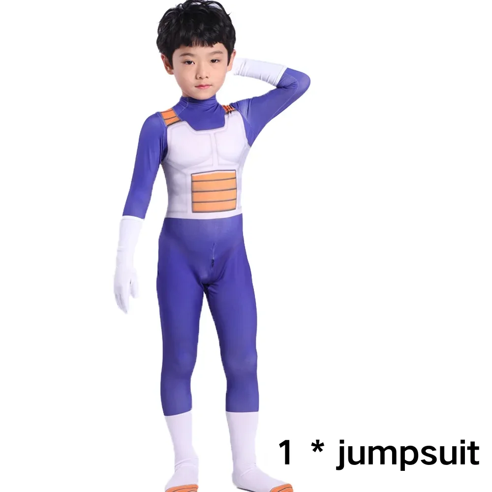 Anime Cosplay Baby Kids Adult Suit Vegeta Jumpsuit Halloween Attached  Gold Black Hair Carnival Party Gift