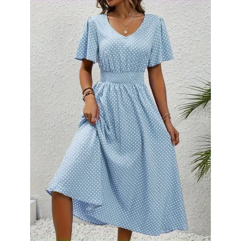 Plus Size 1XL-5XL New Womens Summer V Neck Maxi Dress Short Sleeve Dress Trendy Ruffle Hem A-Line Dresses