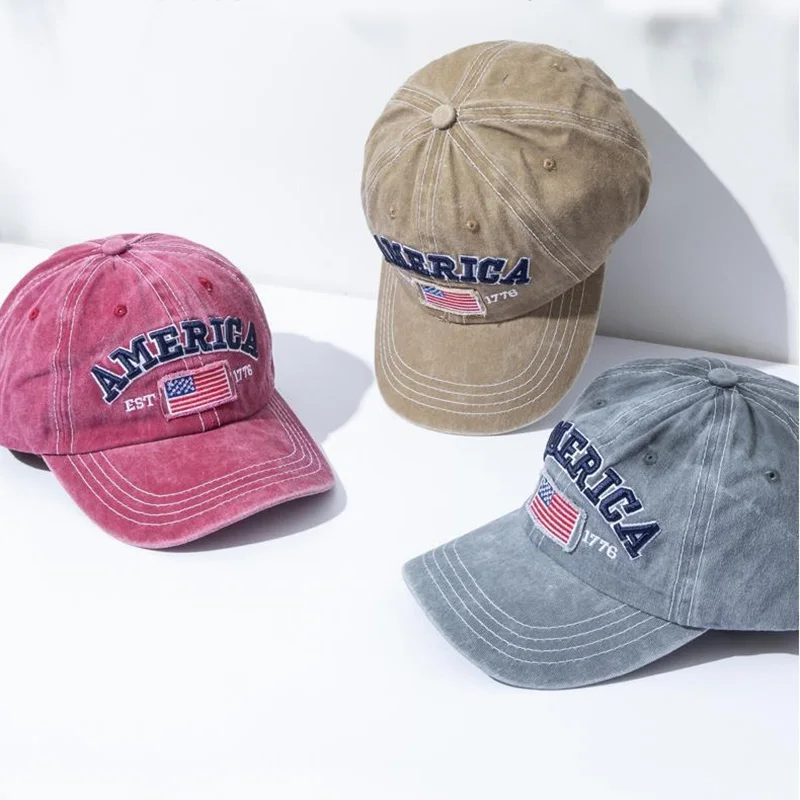 Vintage-Baseballkappe mit USA-Flagge, bestickt – auffälliger Schriftzug, Distressed Wash, Sonnenschutz – trendige Papa-Mütze für den Außenbereich – Detail 3