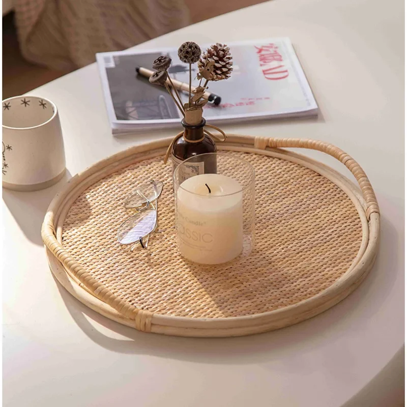 Nordic Rattan Storage Tray for Decoration, Coffee Table, Aromatherapy Cosmetics Basket, Double Side Handles, Tea Tray