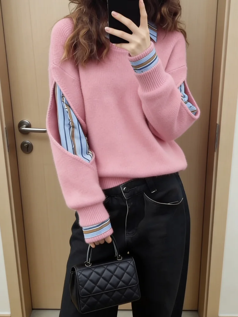 

Unique Pink Long Sve irt ort Sle Korean System Inner Wear Top Beautiful Uniquen Spring Faion High End Feel