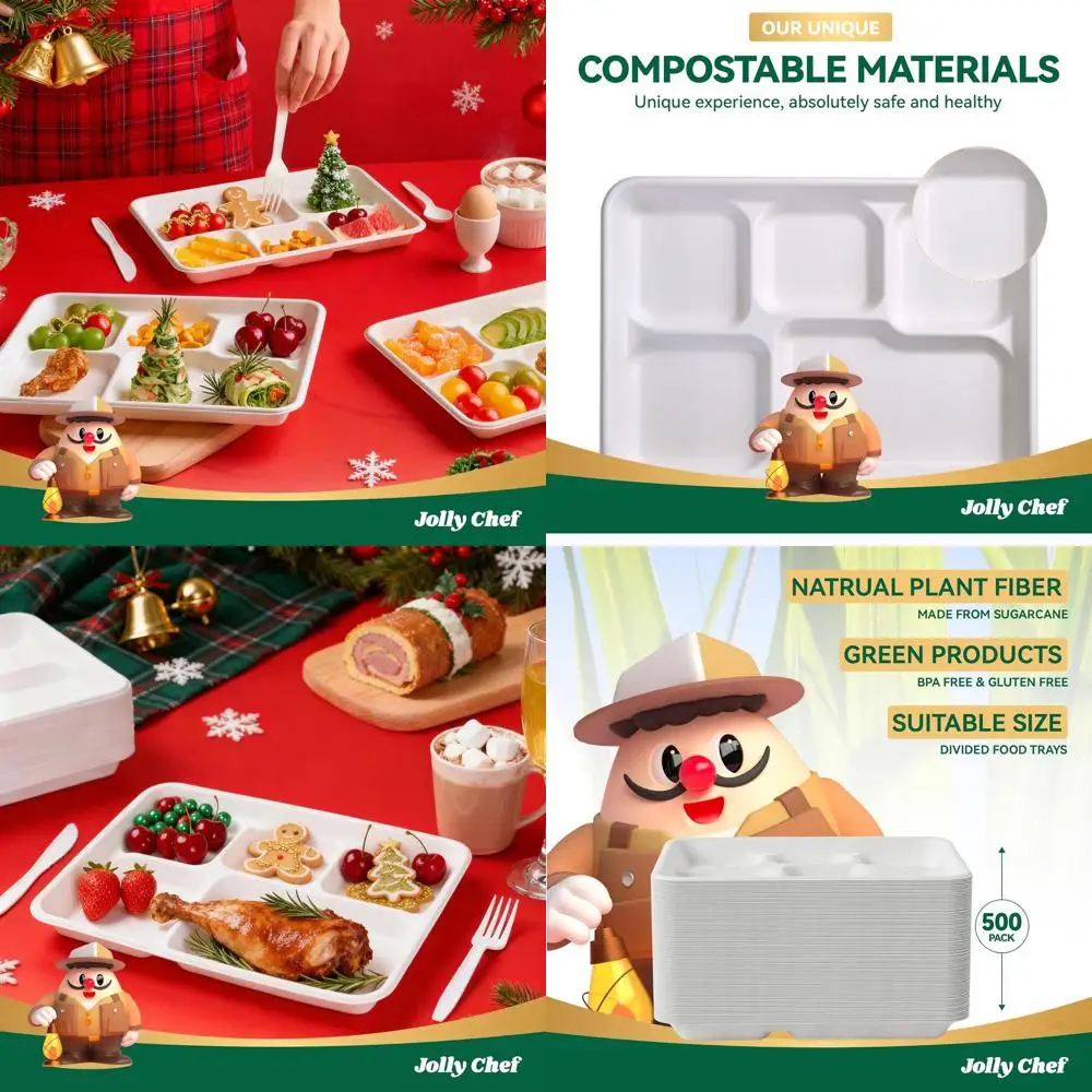 

Eco-Friendly Heavy Duty 11 Biodegradable 5-Compartment Paper Plates, 500 Pack, Ideal for Parties, Lunch, Dinner, and Christmas