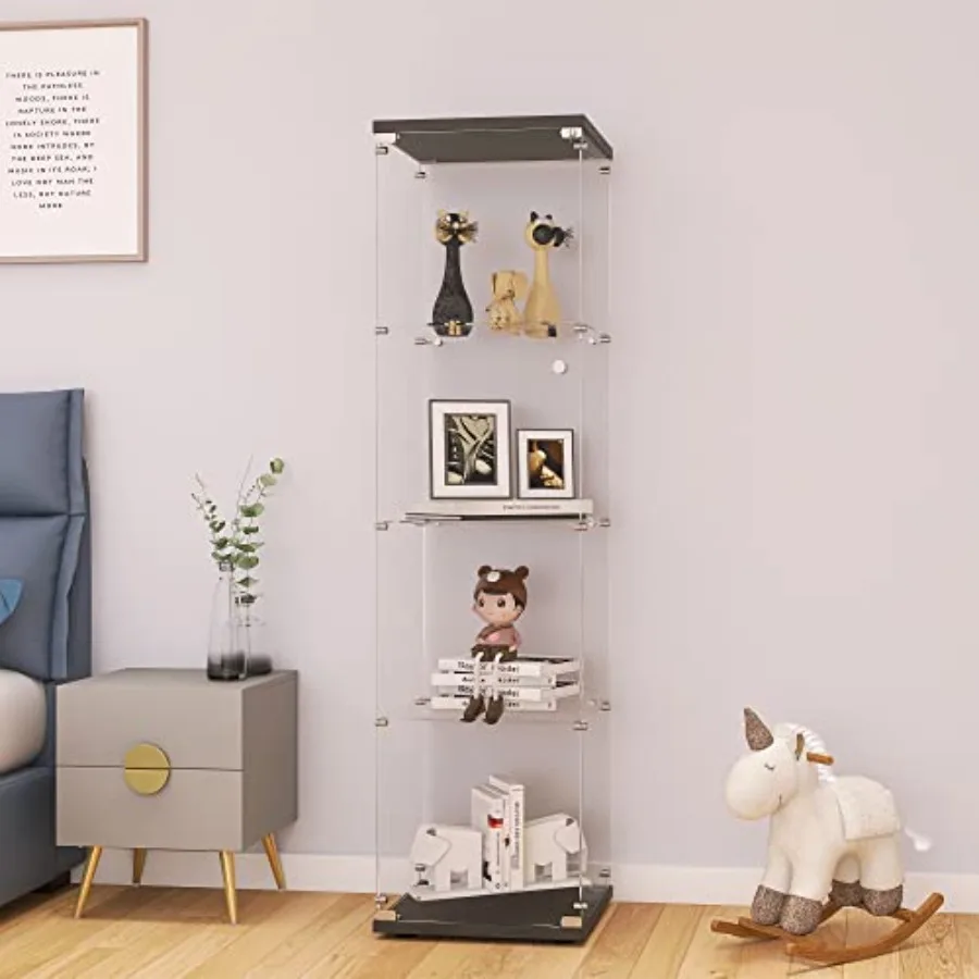 Glass Display Cabinet 4-Shelf with Door and Lock Curio Cabinets Upgraded Quick-Install Style Tempered Glass Floor Standing Book