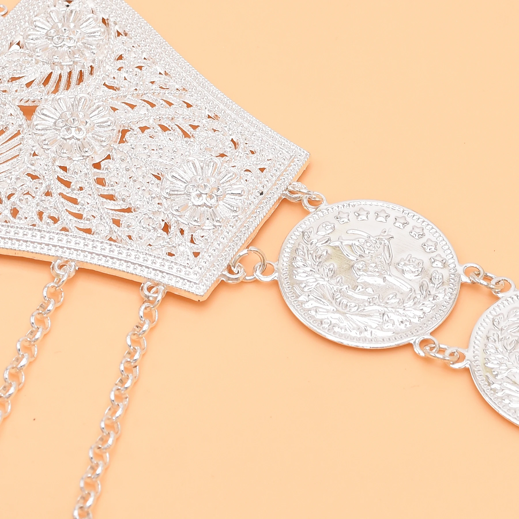 Silver Plated Single Row Coin Long Chain Tassel Pendant Waist Belly Chains Ethnic Carved Chrysanthemum Pattern Body Jewelry