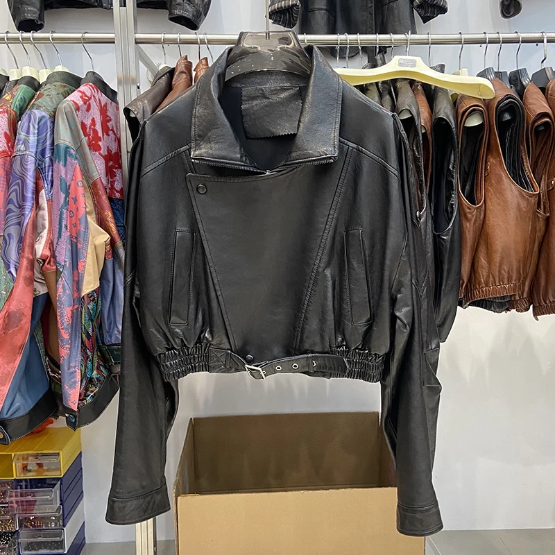 New Arrival Spring Women's Fashion Motorcycle Short Genuine Sheepskin Leather Jacket