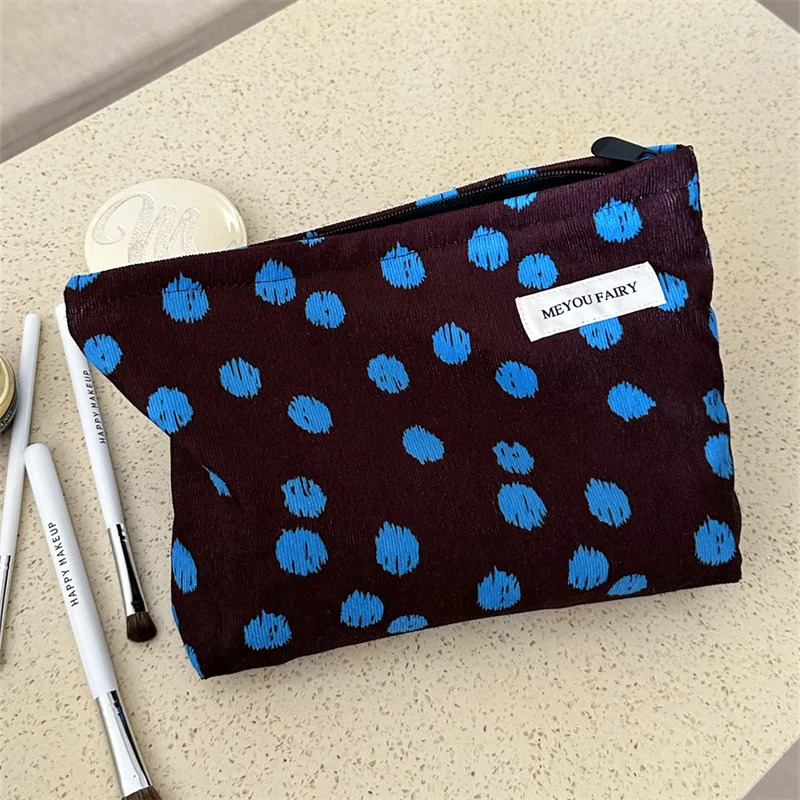 Blue Polka Dot Corduroy Storage Bag Vintage Color Contrast Fabric Makeup Bag Zipper Pouch Ladies Daily Sundries Organizer