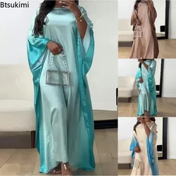 Vestido maxi solto de manga comprida feminino, elegante com decote em O, cor contrastante, abayas modestas muçulmanas, roupão de festa, nova moda