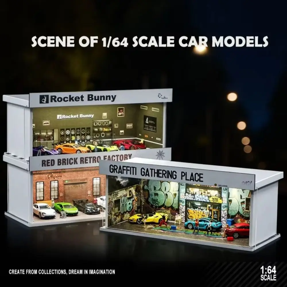 Model garażu w skali 1/64, wersja z oświetleniem, prosty montaż, model parkingu, miniaturowe miejsce parkingowe, model samochodu, pudełko ekspozycyjne.