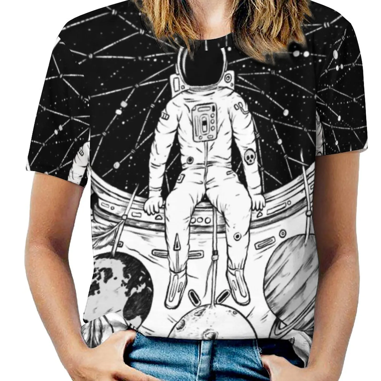 O dreamer (b/w) nova moda zip fora do ombro superior de manga curta camisa feminina sonho dreamcatcher espaço estrelas lua noite