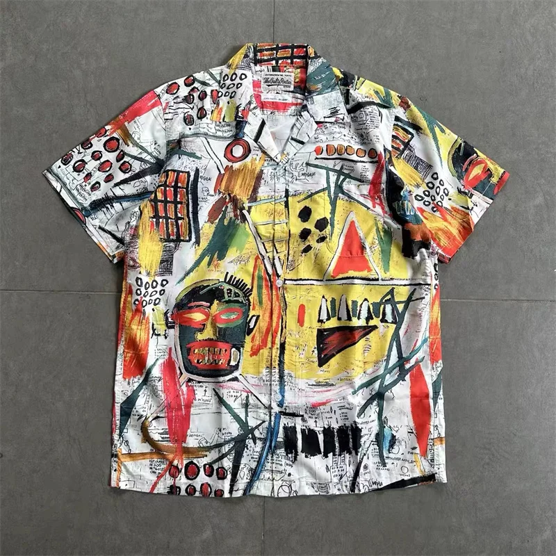 

Summer Holiday Vintage WACKO MARIA Full Print Graffiti Short Sleeve Shirt High Quality Casual High Street Mens Womens Shirt Tops