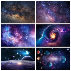 Universe Outer Space Galaxy Backdrop Planets Earth Moon Starry Sky Boy Girl Birthday Party Photography Background Photo Studio