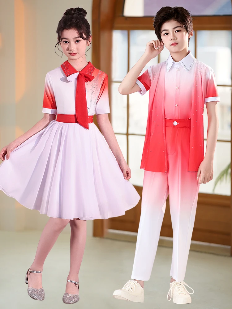 

Красный патриотический костюм для детских выступлений, национальный день, хоровое исполнение, конкурсный костюм для девочек-школьниц, для декламации стихов и речей