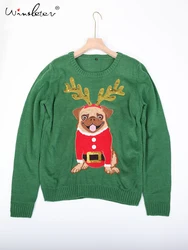 Ugly Sweater Christmas Sweater Women Green Pug Dog Embroidery Sequins Long Sleeve Pullover Knitted Jumper Tops M99591