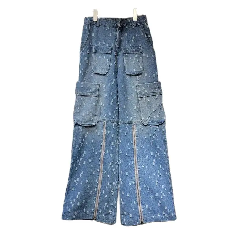 2023 Autumn New Frayed High Waist Wide Leg Jeans for Women Loose Straight Full length Pants Mujer Fashion Trousers Y4423