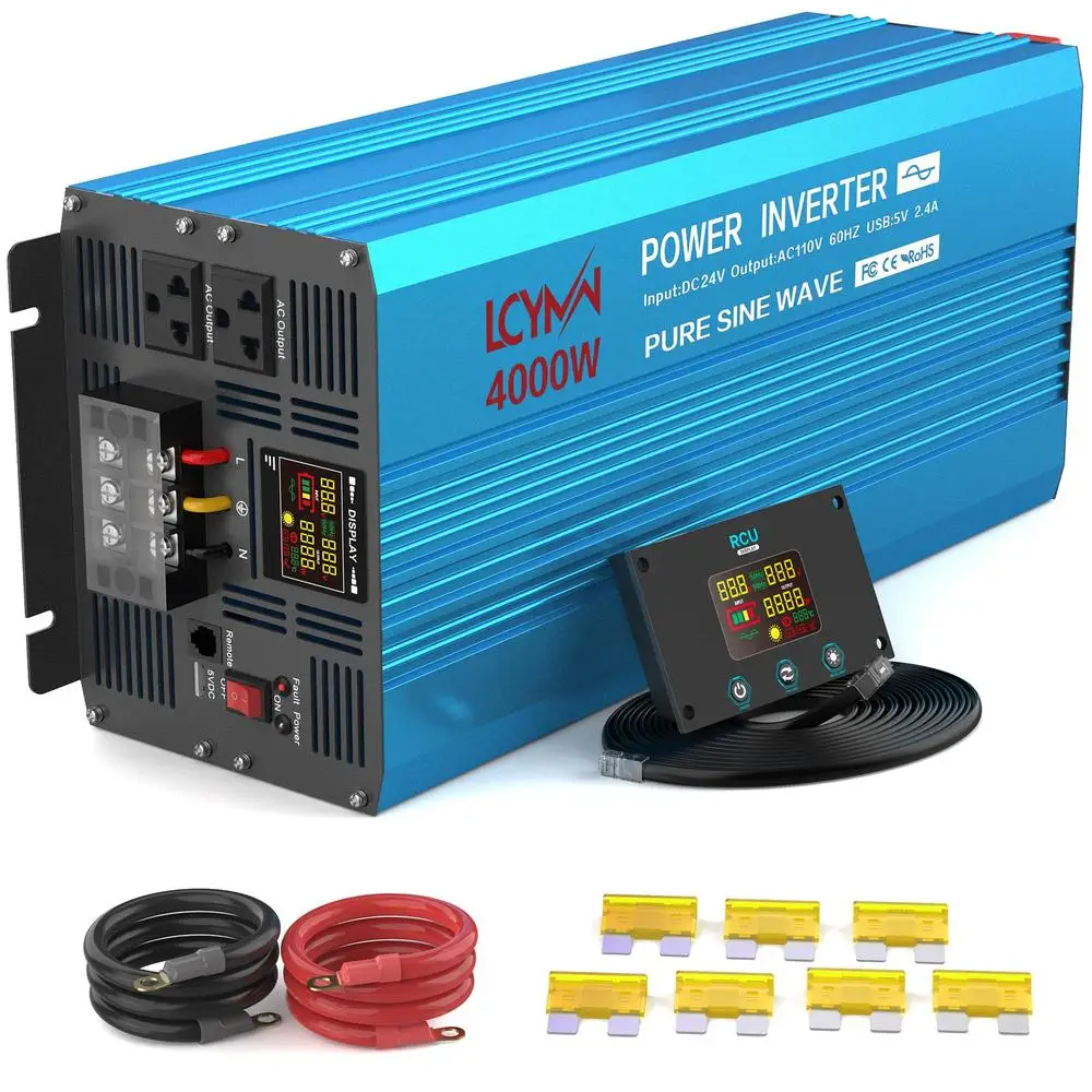 4000W Pure Sine Wave Power Inverter DC12V to 110/120V AC 2 Outlets USB Port LCD Display Car RV Solar Use Remote Control & Fuse