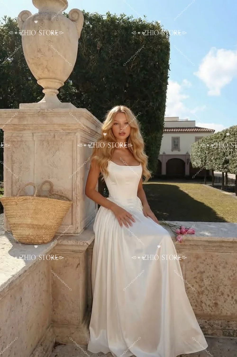 

ZHIO Modern Square Collar Wedding Party Dress High Quality Satin Ivory A-Line PhotoShoot Bridal Gown Customized Reception Dress